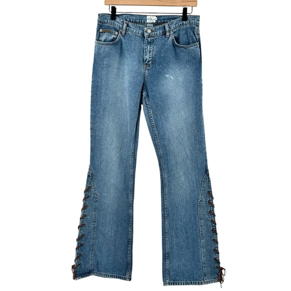 Vintage Y2K Low Rise Flare Jeans Leather Lace Up CK Calvin Klein Jeans | Size 10 - Picture 2 of 12
